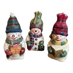 Snowman Candles 6 Inch Set Of 3 Colorful Wax Hats Scarf Christmas Holiday‎